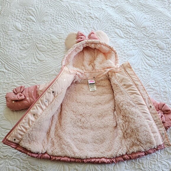 Disney Mickey Ears Coat, Pink with Bow Details, Toddler Girls 2T Faux Fur Lined - Picture 2 of 13